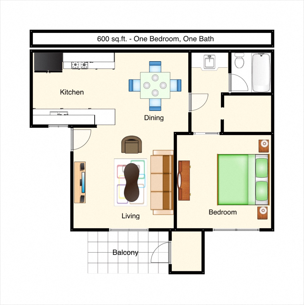Floor plan for 1 bed, 1 bath, 557 sqft